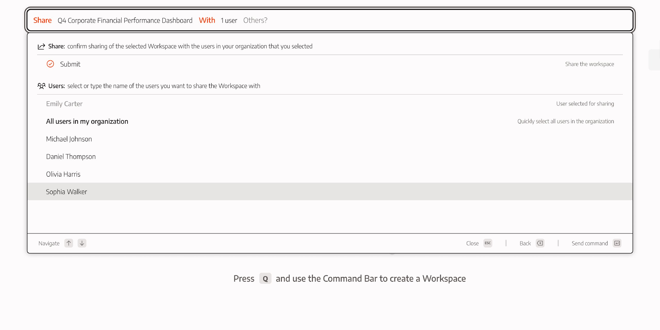 UI detail showing a selected item pinned at the top and removed from the search list